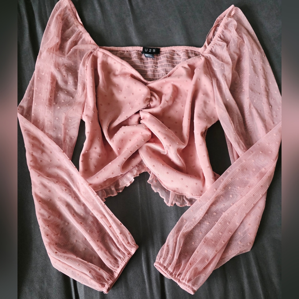 U2B Blush Pink Twist-Front Swiss Dot Blouse